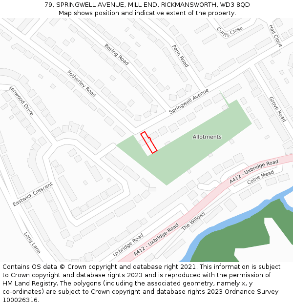 79, SPRINGWELL AVENUE, MILL END, RICKMANSWORTH, WD3 8QD: Location map and indicative extent of plot