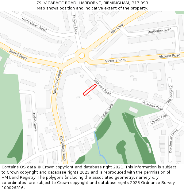 79, VICARAGE ROAD, HARBORNE, BIRMINGHAM, B17 0SR: Location map and indicative extent of plot