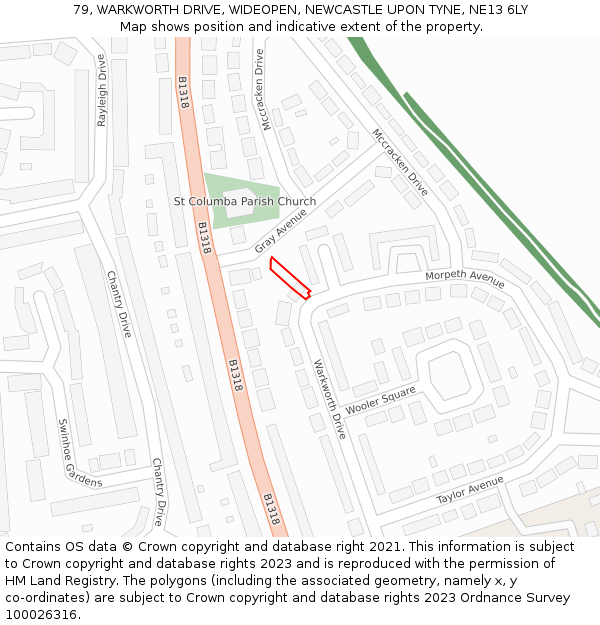79, WARKWORTH DRIVE, WIDEOPEN, NEWCASTLE UPON TYNE, NE13 6LY: Location map and indicative extent of plot