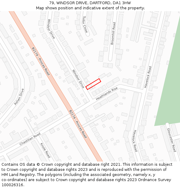 79, WINDSOR DRIVE, DARTFORD, DA1 3HW: Location map and indicative extent of plot