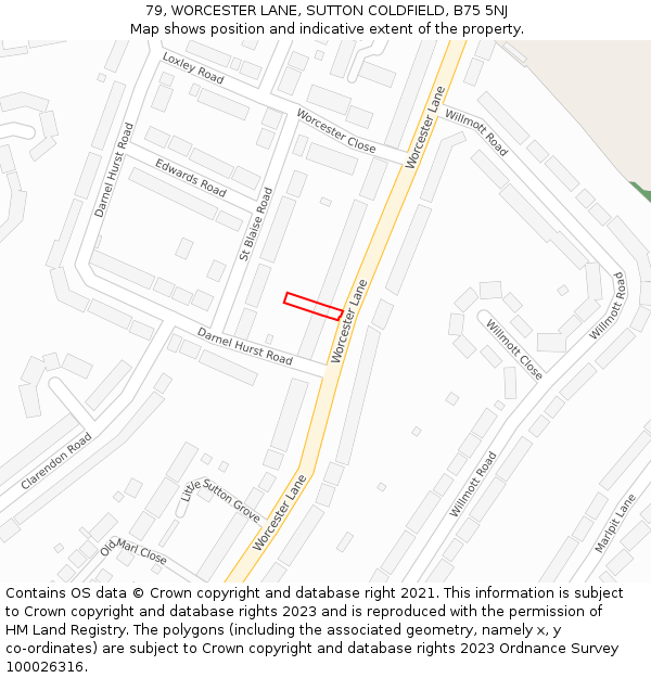 79, WORCESTER LANE, SUTTON COLDFIELD, B75 5NJ: Location map and indicative extent of plot