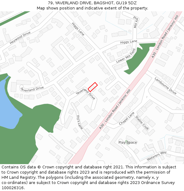 79, YAVERLAND DRIVE, BAGSHOT, GU19 5DZ: Location map and indicative extent of plot