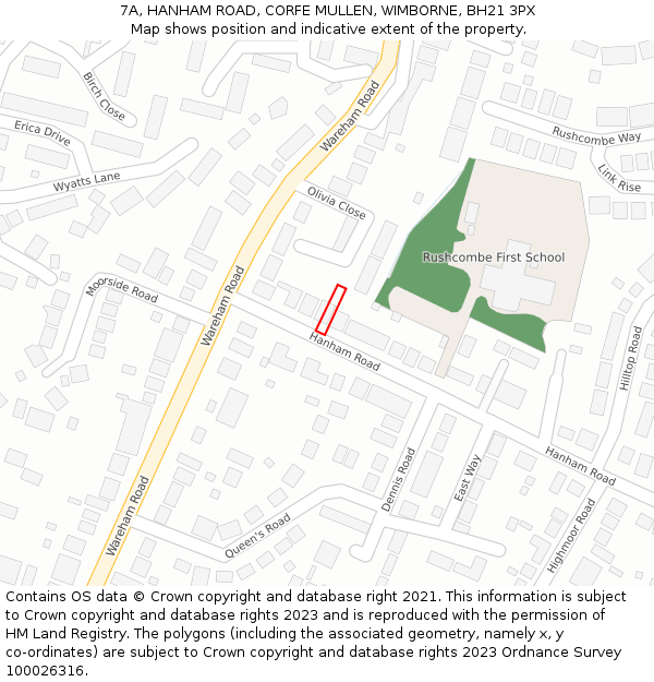 7A, HANHAM ROAD, CORFE MULLEN, WIMBORNE, BH21 3PX: Location map and indicative extent of plot