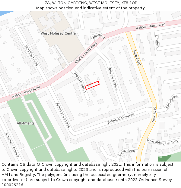 7A, WILTON GARDENS, WEST MOLESEY, KT8 1QP: Location map and indicative extent of plot