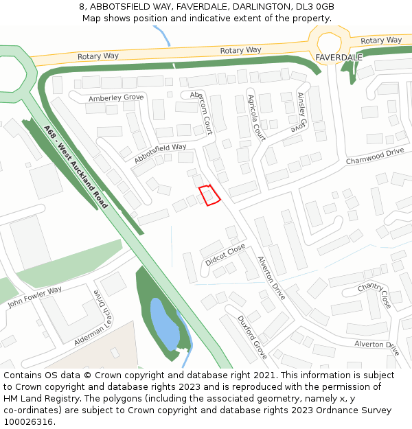 8, ABBOTSFIELD WAY, FAVERDALE, DARLINGTON, DL3 0GB: Location map and indicative extent of plot