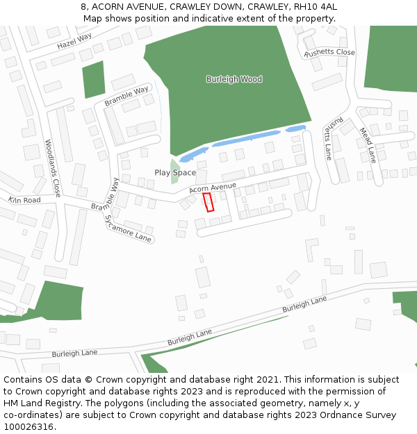 8, ACORN AVENUE, CRAWLEY DOWN, CRAWLEY, RH10 4AL: Location map and indicative extent of plot