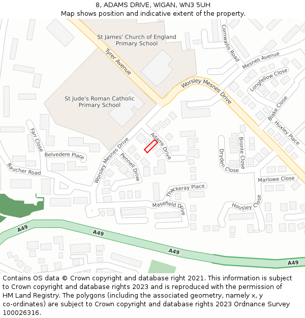 8, ADAMS DRIVE, WIGAN, WN3 5UH: Location map and indicative extent of plot
