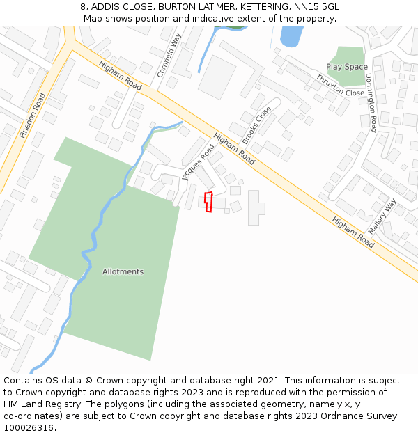 8, ADDIS CLOSE, BURTON LATIMER, KETTERING, NN15 5GL: Location map and indicative extent of plot