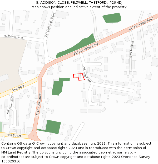 8, ADDISON CLOSE, FELTWELL, THETFORD, IP26 4DJ: Location map and indicative extent of plot