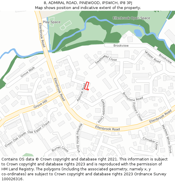 8, ADMIRAL ROAD, PINEWOOD, IPSWICH, IP8 3PJ: Location map and indicative extent of plot