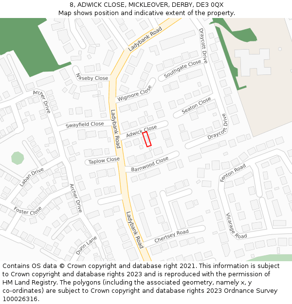 8, ADWICK CLOSE, MICKLEOVER, DERBY, DE3 0QX: Location map and indicative extent of plot