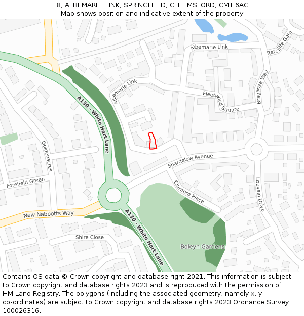 8, ALBEMARLE LINK, SPRINGFIELD, CHELMSFORD, CM1 6AG: Location map and indicative extent of plot