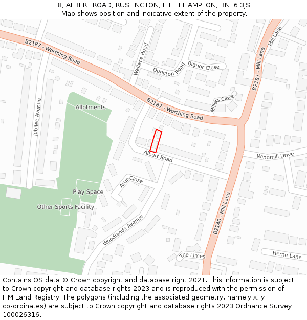 8, ALBERT ROAD, RUSTINGTON, LITTLEHAMPTON, BN16 3JS: Location map and indicative extent of plot