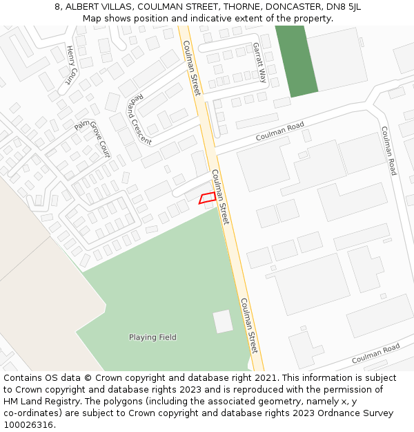 8, ALBERT VILLAS, COULMAN STREET, THORNE, DONCASTER, DN8 5JL: Location map and indicative extent of plot
