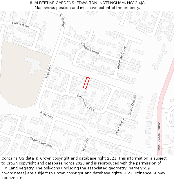 8, ALBERTINE GARDENS, EDWALTON, NOTTINGHAM, NG12 4JG: Location map and indicative extent of plot