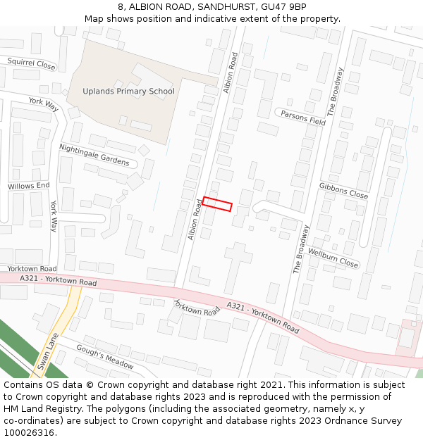 8, ALBION ROAD, SANDHURST, GU47 9BP: Location map and indicative extent of plot