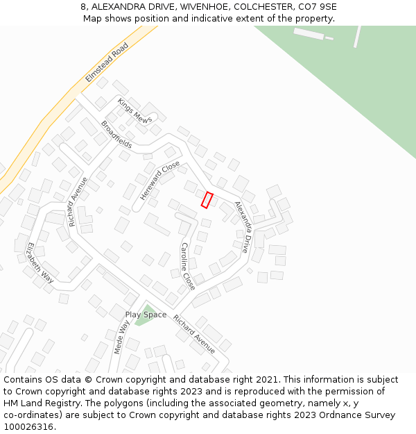 8, ALEXANDRA DRIVE, WIVENHOE, COLCHESTER, CO7 9SE: Location map and indicative extent of plot