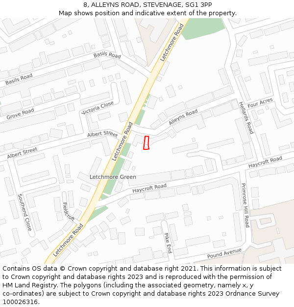 8, ALLEYNS ROAD, STEVENAGE, SG1 3PP: Location map and indicative extent of plot