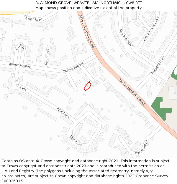 8, ALMOND GROVE, WEAVERHAM, NORTHWICH, CW8 3ET: Location map and indicative extent of plot