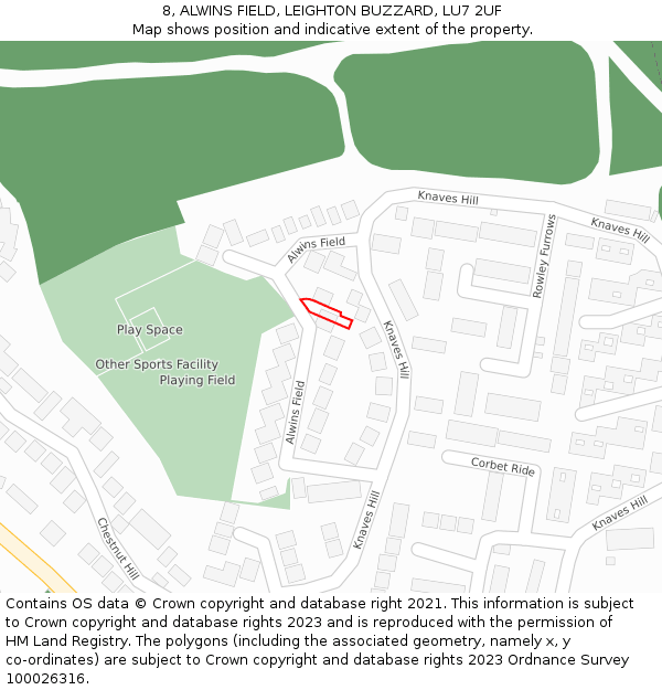 8, ALWINS FIELD, LEIGHTON BUZZARD, LU7 2UF: Location map and indicative extent of plot