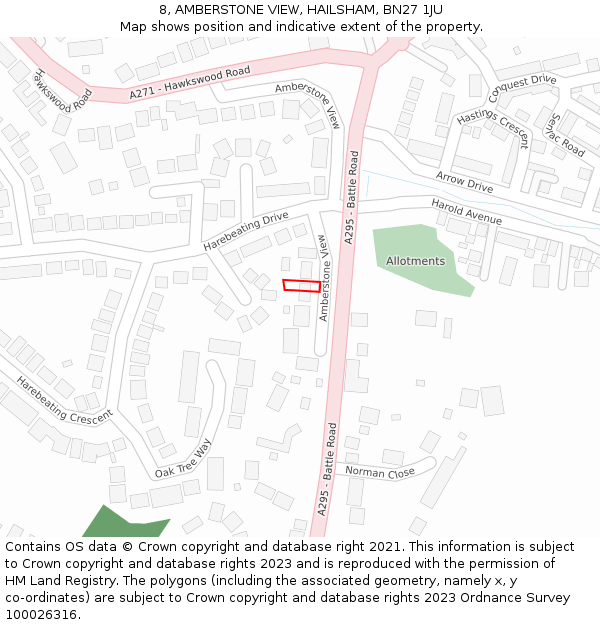 8, AMBERSTONE VIEW, HAILSHAM, BN27 1JU: Location map and indicative extent of plot