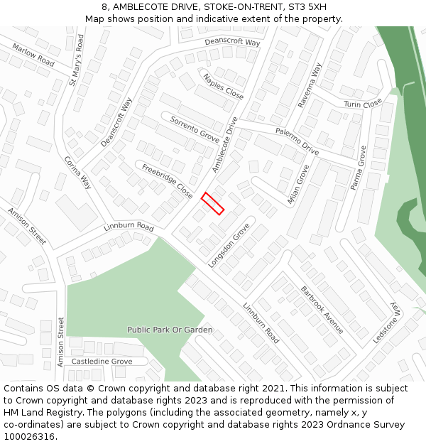 8, AMBLECOTE DRIVE, STOKE-ON-TRENT, ST3 5XH: Location map and indicative extent of plot