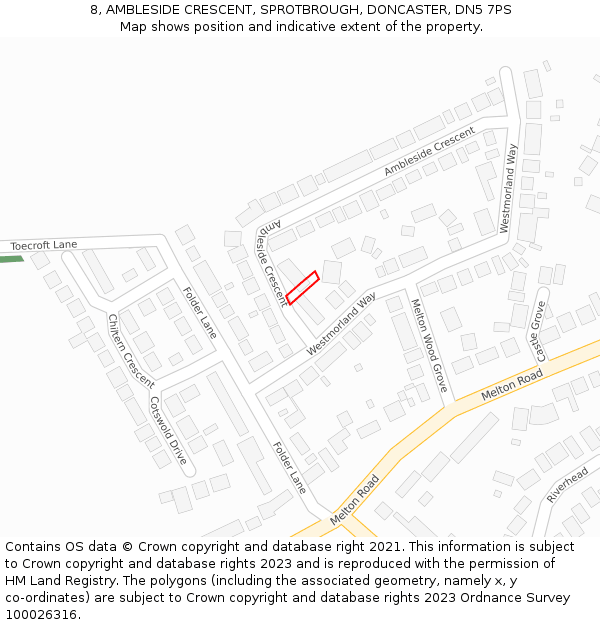 8, AMBLESIDE CRESCENT, SPROTBROUGH, DONCASTER, DN5 7PS: Location map and indicative extent of plot