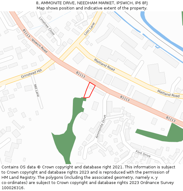 8, AMMONITE DRIVE, NEEDHAM MARKET, IPSWICH, IP6 8FJ: Location map and indicative extent of plot