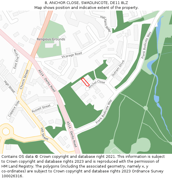 8, ANCHOR CLOSE, SWADLINCOTE, DE11 8LZ: Location map and indicative extent of plot