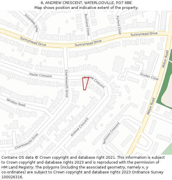 8, ANDREW CRESCENT, WATERLOOVILLE, PO7 6BE: Location map and indicative extent of plot