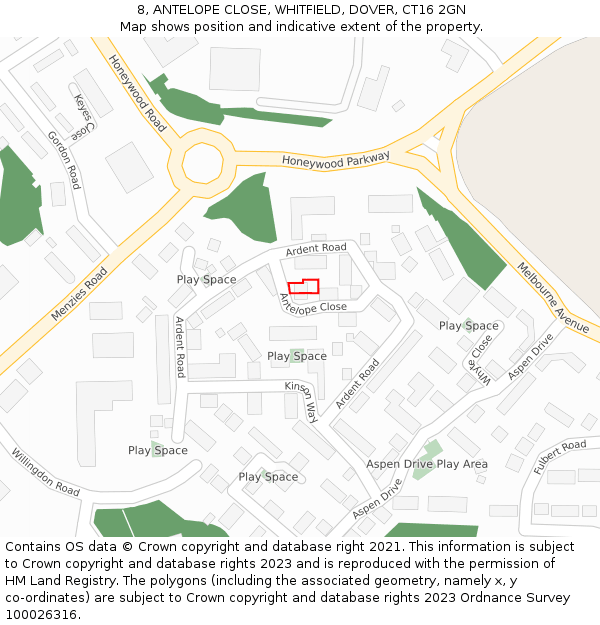 8, ANTELOPE CLOSE, WHITFIELD, DOVER, CT16 2GN: Location map and indicative extent of plot