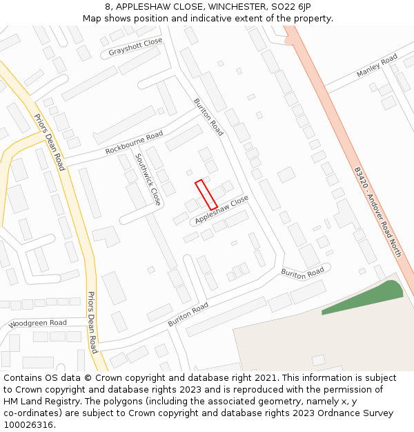 8, APPLESHAW CLOSE, WINCHESTER, SO22 6JP: Location map and indicative extent of plot