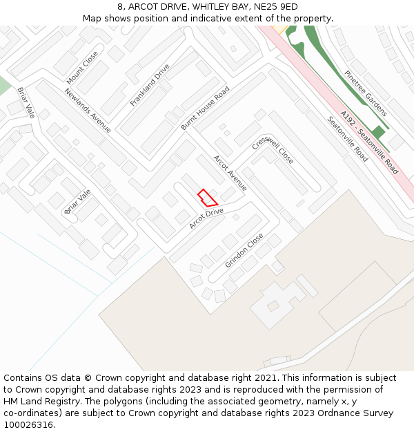 8, ARCOT DRIVE, WHITLEY BAY, NE25 9ED: Location map and indicative extent of plot