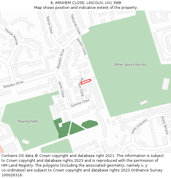 8, ARNHEM CLOSE, LINCOLN, LN1 3WB: Location map and indicative extent of plot