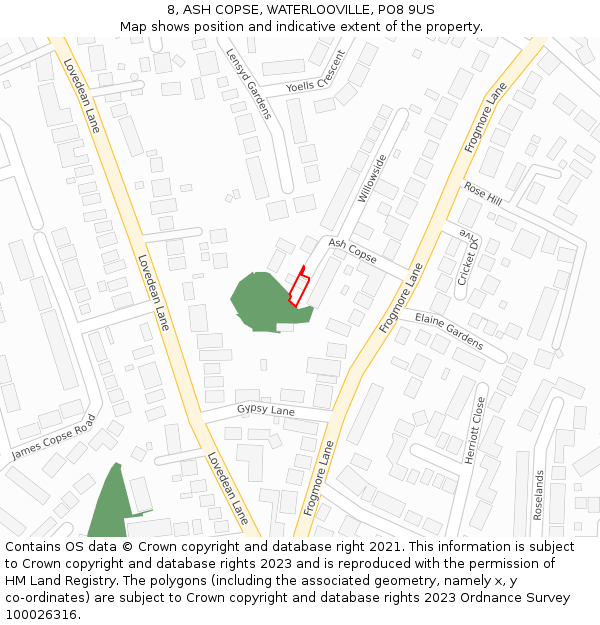 8, ASH COPSE, WATERLOOVILLE, PO8 9US: Location map and indicative extent of plot