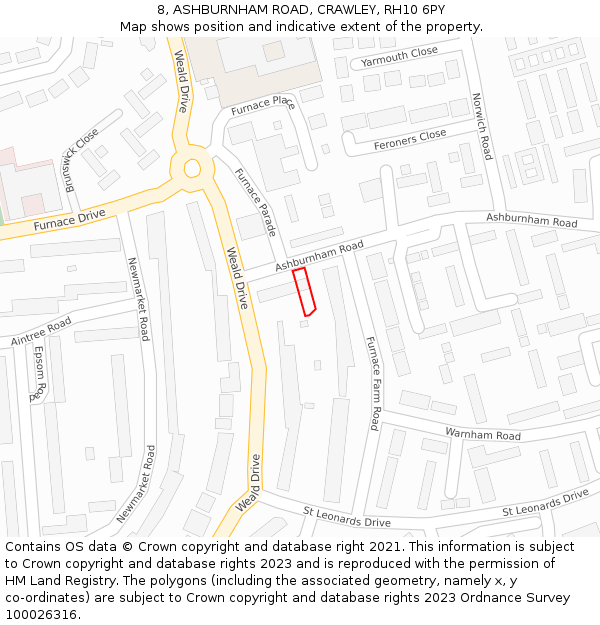 8, ASHBURNHAM ROAD, CRAWLEY, RH10 6PY: Location map and indicative extent of plot