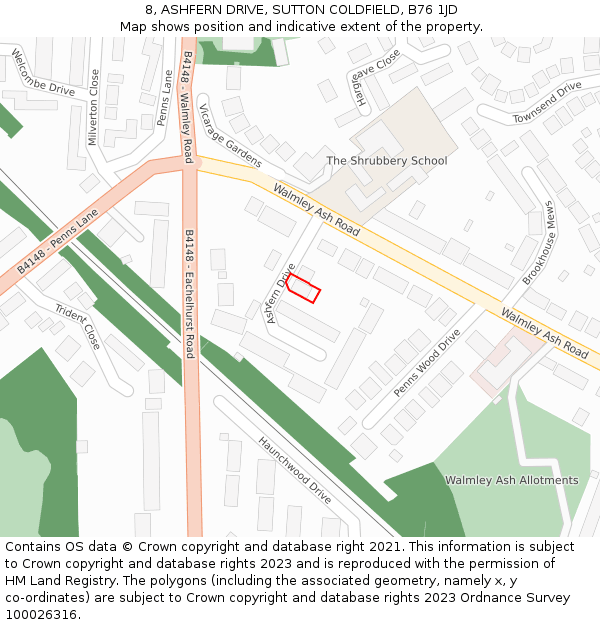 8, ASHFERN DRIVE, SUTTON COLDFIELD, B76 1JD: Location map and indicative extent of plot