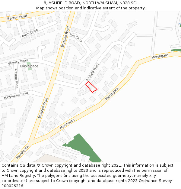 8, ASHFIELD ROAD, NORTH WALSHAM, NR28 9EL: Location map and indicative extent of plot