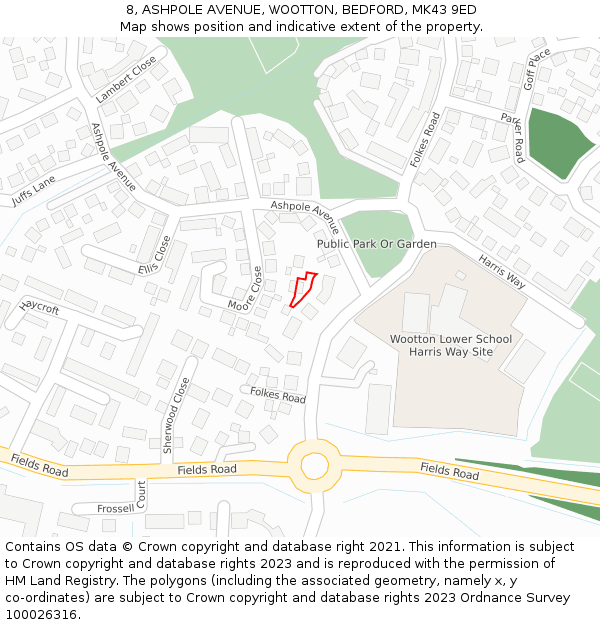 8, ASHPOLE AVENUE, WOOTTON, BEDFORD, MK43 9ED: Location map and indicative extent of plot