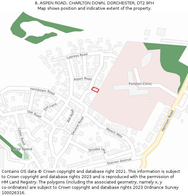 8, ASPEN ROAD, CHARLTON DOWN, DORCHESTER, DT2 9FH: Location map and indicative extent of plot