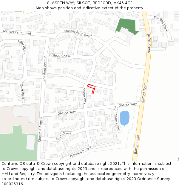 8, ASPEN WAY, SILSOE, BEDFORD, MK45 4GF: Location map and indicative extent of plot