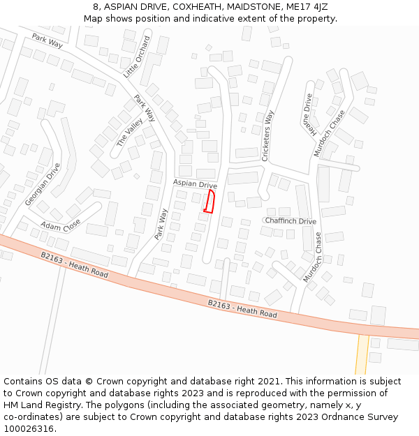 8, ASPIAN DRIVE, COXHEATH, MAIDSTONE, ME17 4JZ: Location map and indicative extent of plot