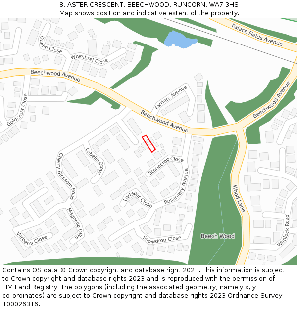 8, ASTER CRESCENT, BEECHWOOD, RUNCORN, WA7 3HS: Location map and indicative extent of plot