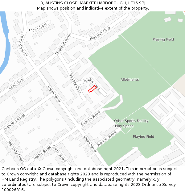 8, AUSTINS CLOSE, MARKET HARBOROUGH, LE16 9BJ: Location map and indicative extent of plot