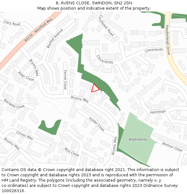 8, AVENS CLOSE, SWINDON, SN2 2SN: Location map and indicative extent of plot