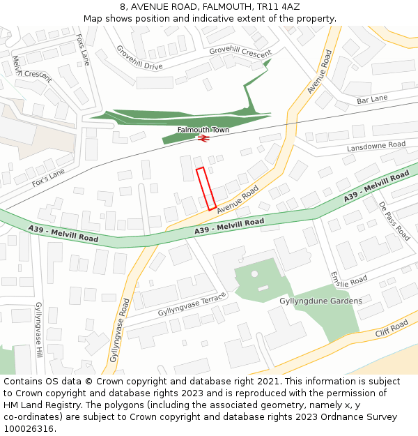 8, AVENUE ROAD, FALMOUTH, TR11 4AZ: Location map and indicative extent of plot