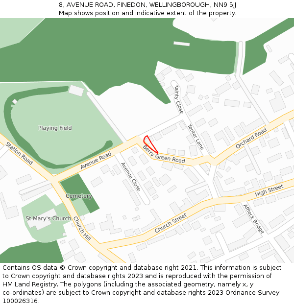 8, AVENUE ROAD, FINEDON, WELLINGBOROUGH, NN9 5JJ: Location map and indicative extent of plot