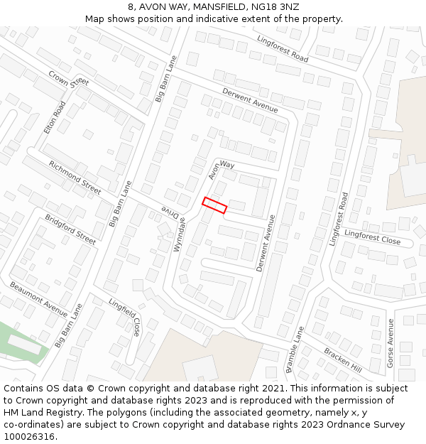 8, AVON WAY, MANSFIELD, NG18 3NZ: Location map and indicative extent of plot