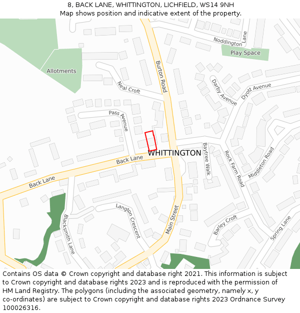 8, BACK LANE, WHITTINGTON, LICHFIELD, WS14 9NH: Location map and indicative extent of plot