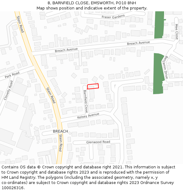 8, BARNFIELD CLOSE, EMSWORTH, PO10 8NH: Location map and indicative extent of plot